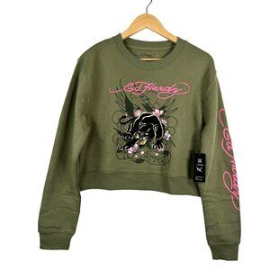 Ed Hardy Tiger Graphic fleece cropped Y2K Sweat Shirt Olive sz L